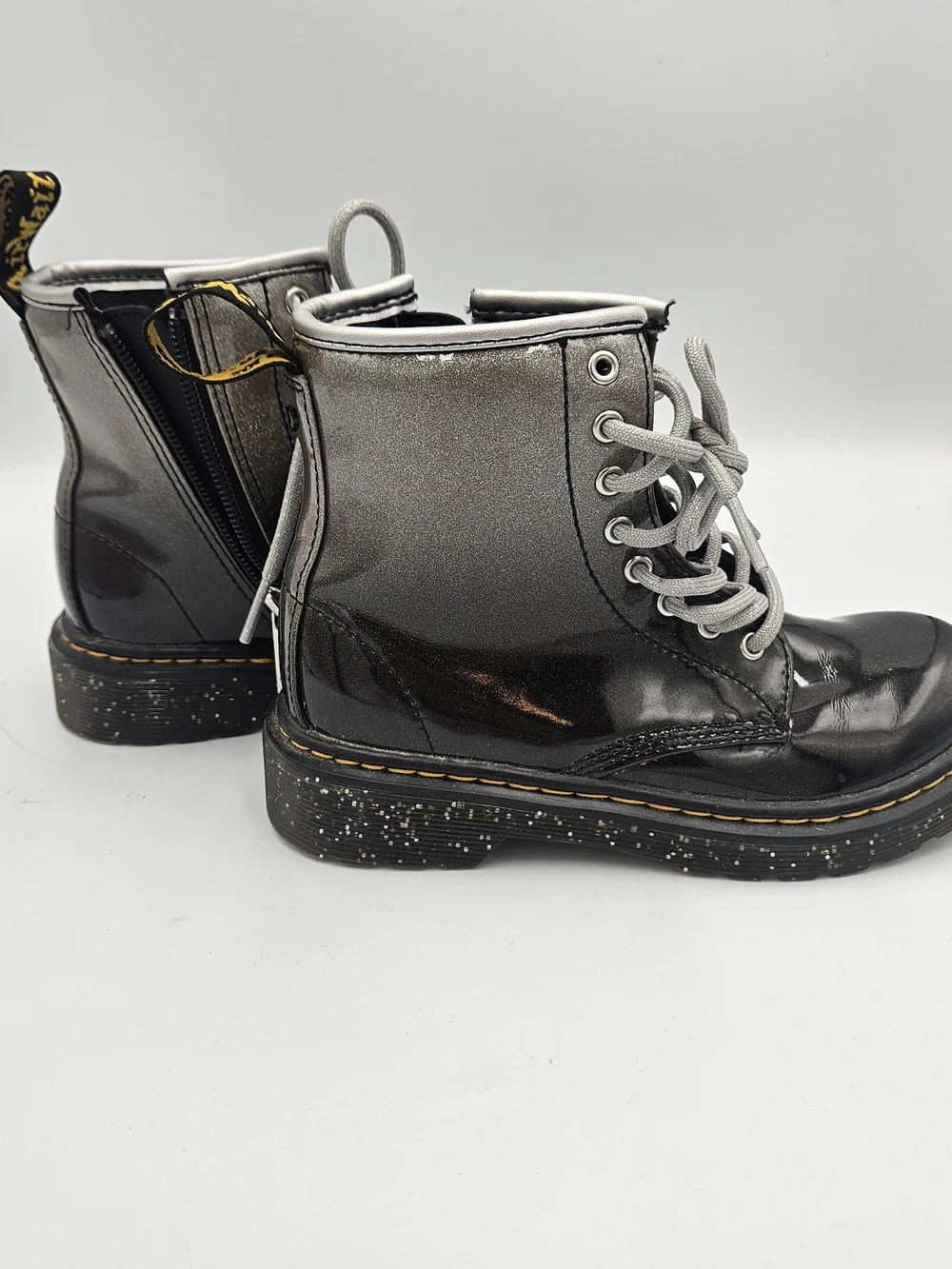Dr. Martens Kids Black Patent Lace-Up Boots with Gray Laces